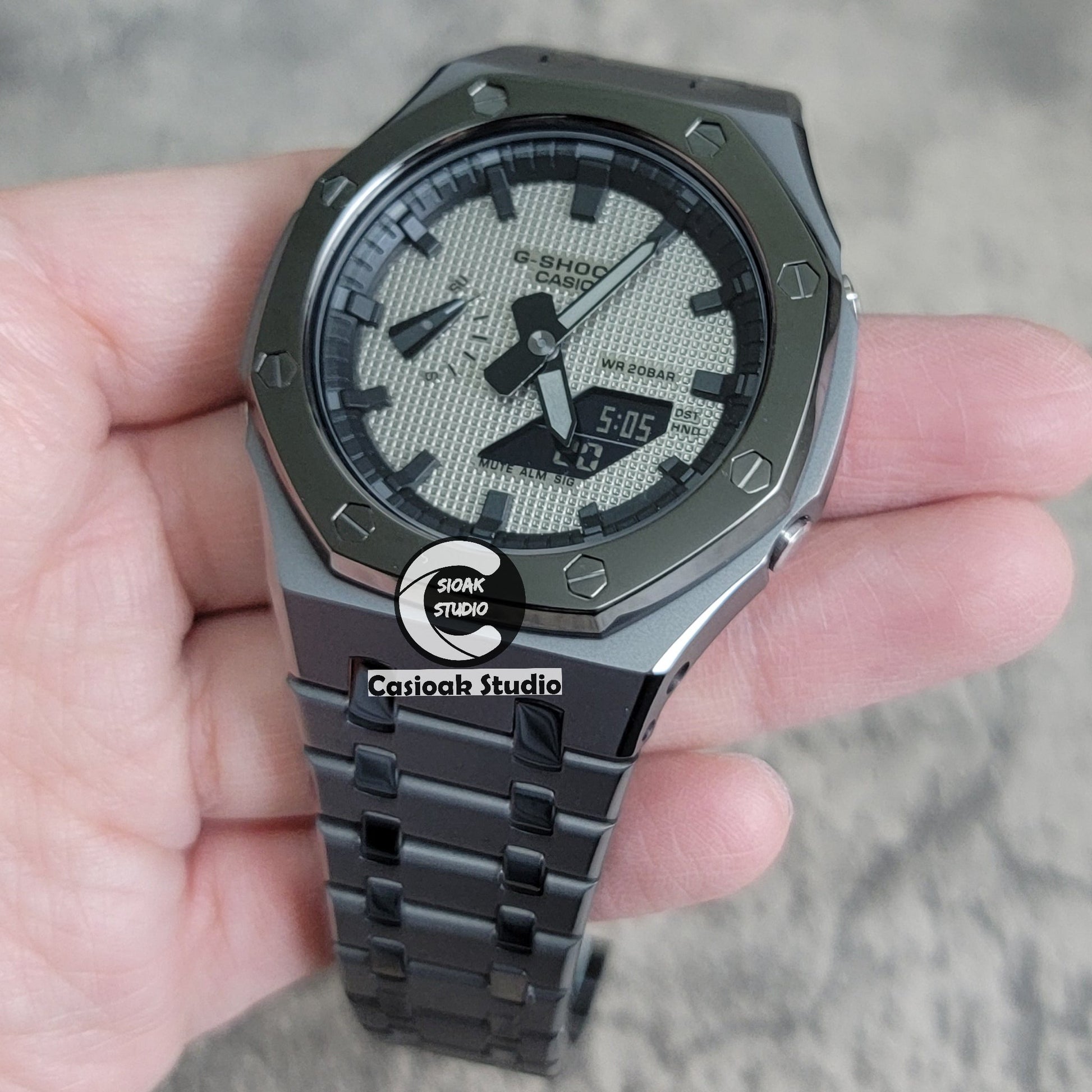 Casioak Mod Watch Polished Gray Case Metal Strap Black Time Mark Gray Waffle Dial 44mm- Casioak Mod Casio G-Shock Royal Oak Custom Mens Luxury Watches Ga2100