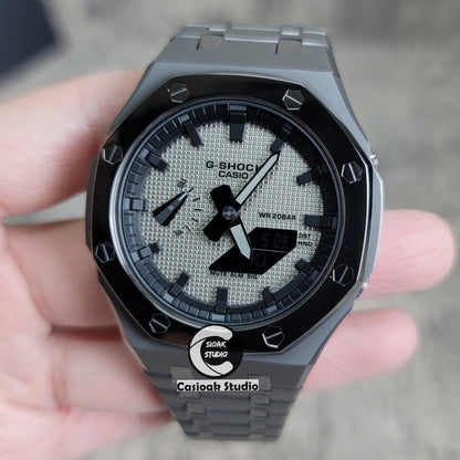 Casioak Mod Watch Polished Gray Case Metal Strap Black Time Mark Gray Waffle Dial 44mm- Casioak Mod Casio G-Shock Royal Oak Custom Mens Luxury Watches Ga2100