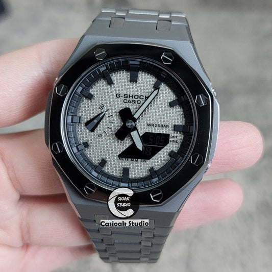 Casioak Mod Watch Polished Gray Case Metal Strap Black Time Mark Gray Waffle Dial 44mm- Casioak Mod Casio G-Shock Royal Oak Custom Mens Luxury Watches Ga2100