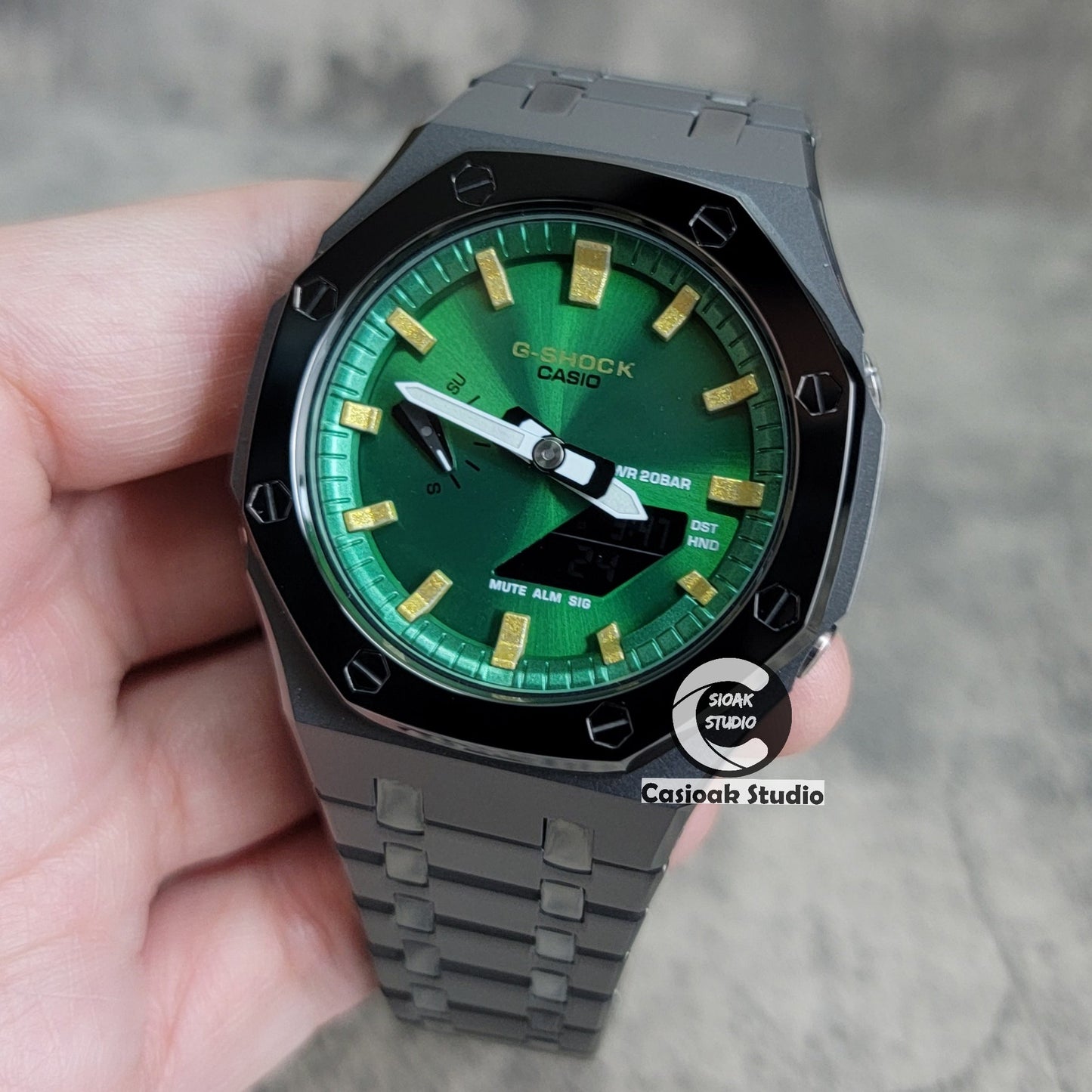 Casioak Mod Watch Polished Gray Case Metal Strap Green Gold Time Mark Green Dial 44mm- Casioak Mod Casio G-Shock Royal Oak Custom Mens Luxury Watches Ga2100