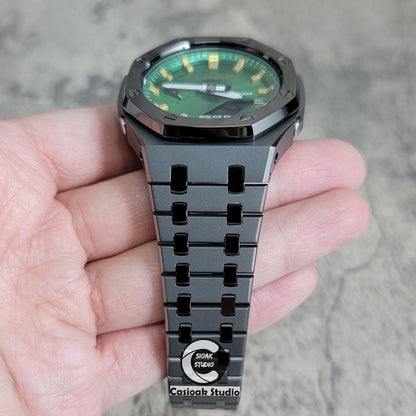 Casioak Mod Watch Polished Gray Case Metal Strap Green Gold Time Mark Green Dial 44mm- Casioak Mod Casio G-Shock Royal Oak Custom Mens Luxury Watches Ga2100