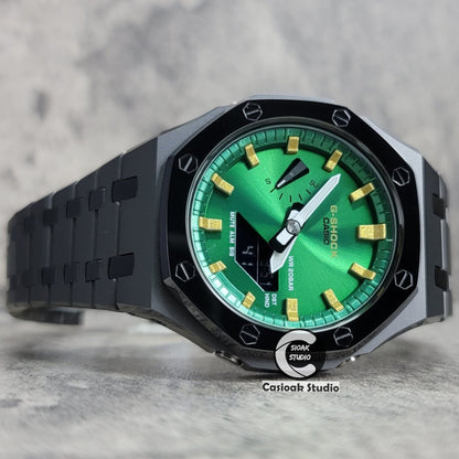 Casioak Mod Watch Polished Gray Case Metal Strap Green Gold Time Mark Green Dial 44mm- Casioak Mod Casio G-Shock Royal Oak Custom Mens Luxury Watches Ga2100