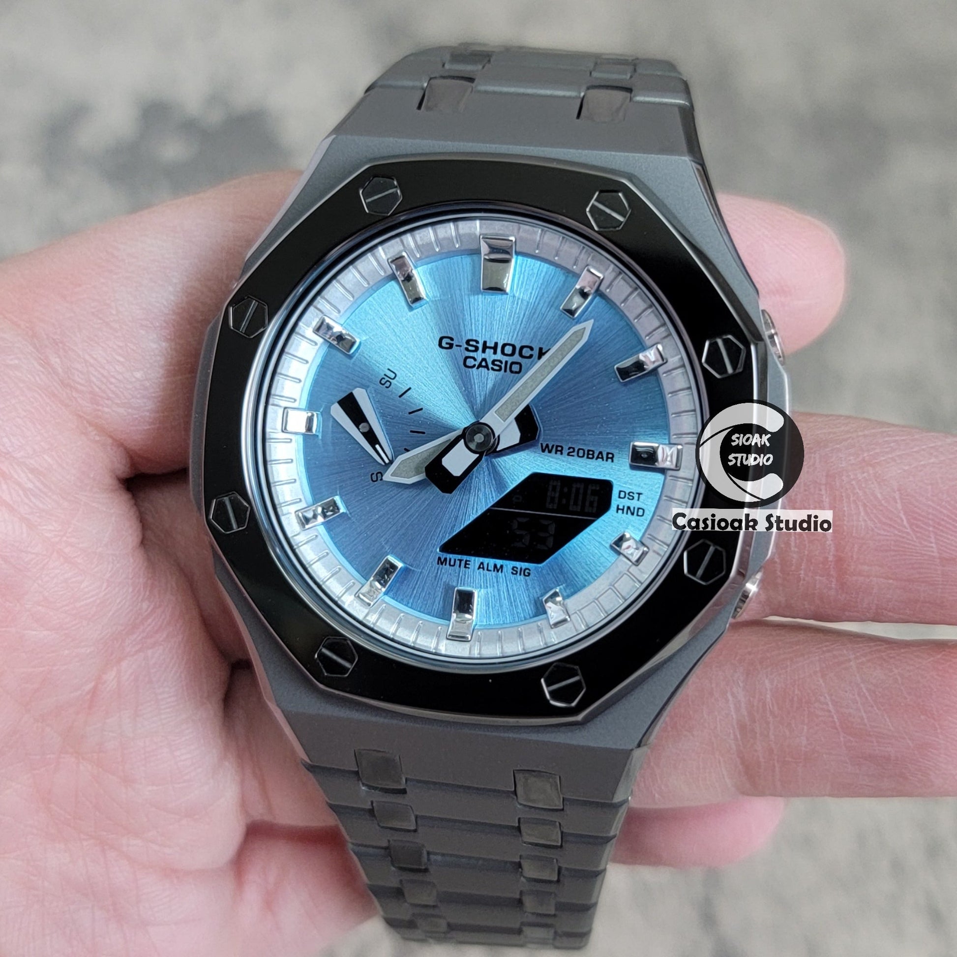 Casioak Mod Watch Polished Gray Case Metal Strap Silver Time Mark Ice Blue Dial 44mm- Casioak Mod Casio G-Shock Royal Oak Custom Mens Luxury Watches Ga2100