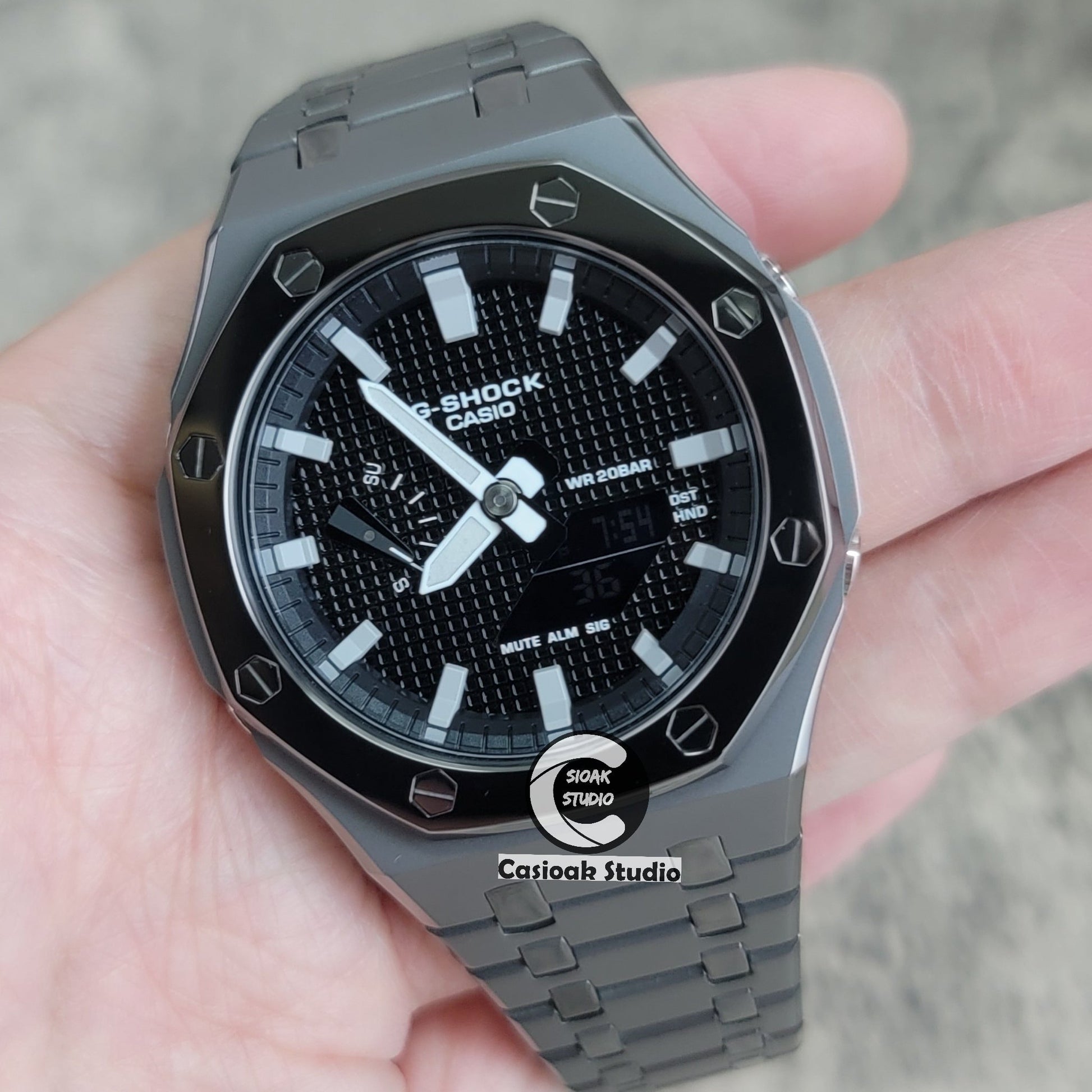 Casioak Mod Watch Polished Gray Metal Strap Black Gray Time Mark Black Waffle Dial 44mm- Casioak Mod Casio G-Shock Royal Oak Custom Mens Luxury Watches Ga2100