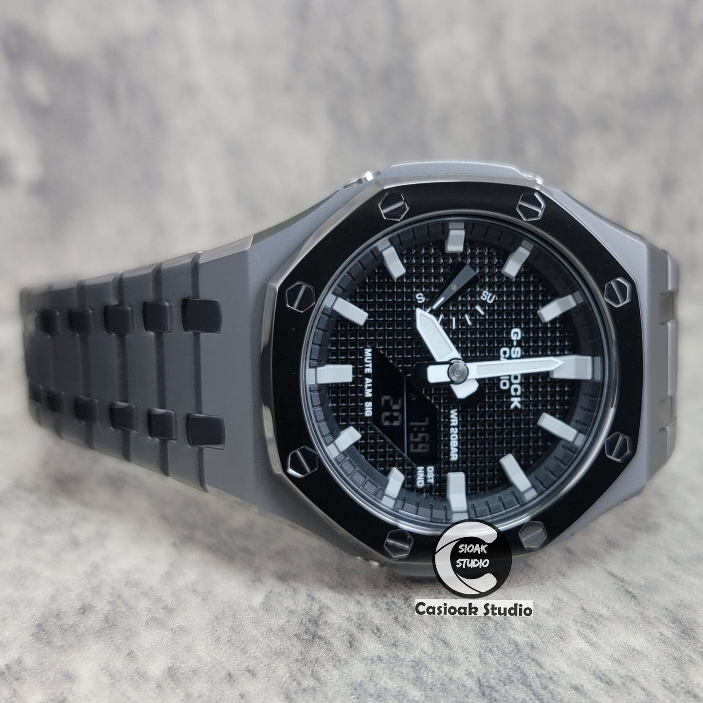 Casioak Mod Watch Polished Gray Metal Strap Black Gray Time Mark Black Waffle Dial 44mm- Casioak Mod Casio G-Shock Royal Oak Custom Mens Luxury Watches Ga2100