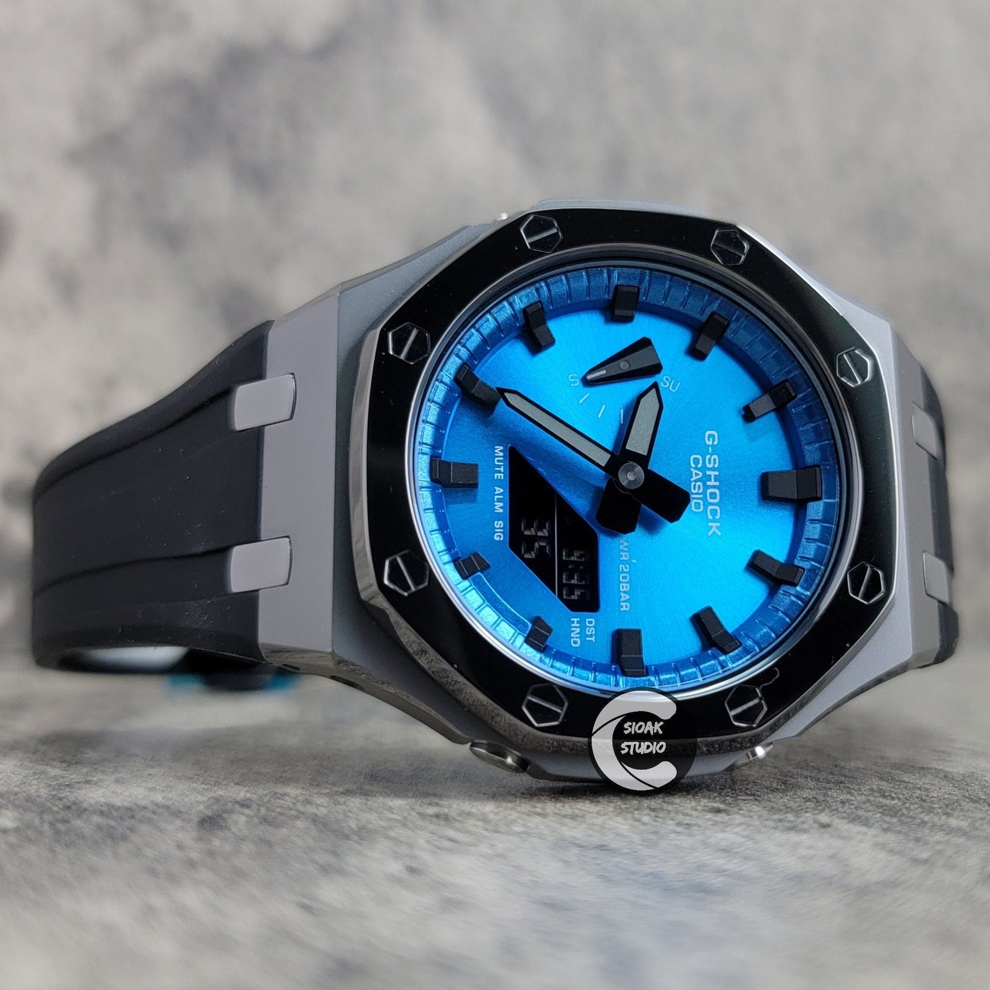 Casioak Mod Watch Polished Grey Case Black Rubber Strap Blue Black Time Mark Black Dial 44mm- Casioak Mod Casio G-Shock Royal Oak Custom Mens Luxury Watches Ga2100