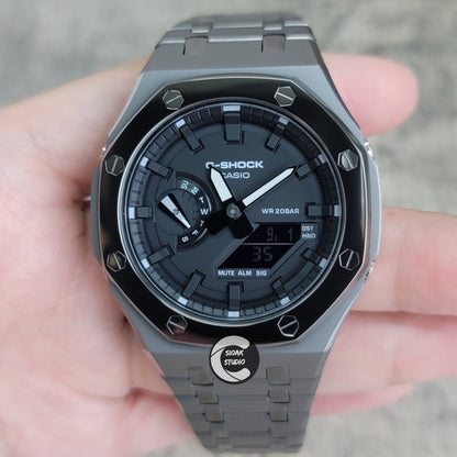 Casioak Mod Watch Polished Grey Case Metal Strap Black Time Mark Black Dial 44mm- Casioak Mod Casio G-Shock Royal Oak Custom Mens Luxury Watches Ga2100