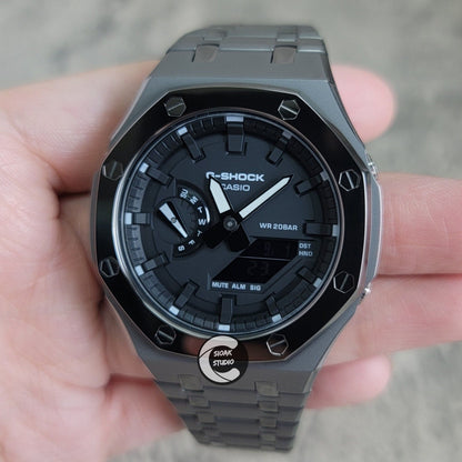 Casioak Mod Watch Polished Grey Case Metal Strap Black Time Mark Black Dial 44mm- Casioak Mod Casio G-Shock Royal Oak Custom Mens Luxury Watches Ga2100