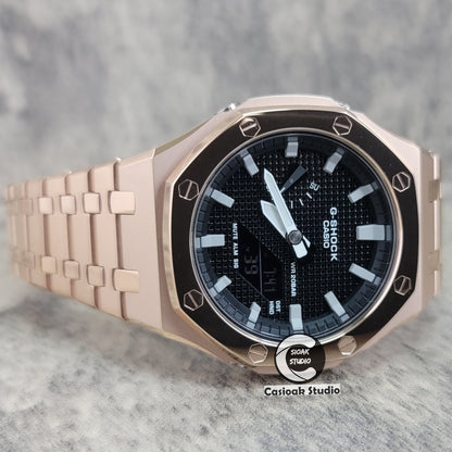 Casioak Mod Watch Polished Rose Gold Case Metal Strap Black Gray Time Mark Black Waffle Dial 44mm- Casioak Mod Casio G-Shock Royal Oak Custom Mens Luxury Watches Ga2100