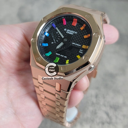 Casioak Mod Watch Polished Rose Gold Case Metal Strap Black Rainbow Time Mark Black Waffle Dial 44mm- Casioak Mod Casio G-Shock Royal Oak Custom Mens Luxury Watches Ga2100