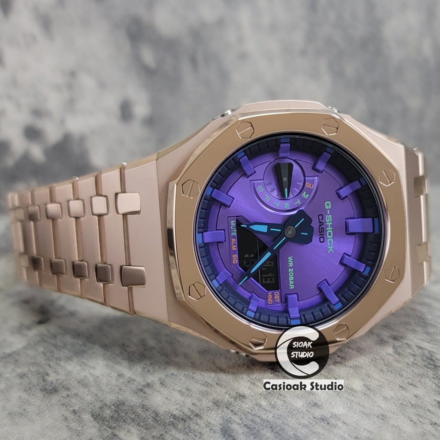 Casioak Mod Watch Polished Rose Gold Case Metal Strap Purple Time Mark Purple Dial 44mm- Casioak Mod Casio G-Shock Royal Oak Custom Mens Luxury Watches Ga2100