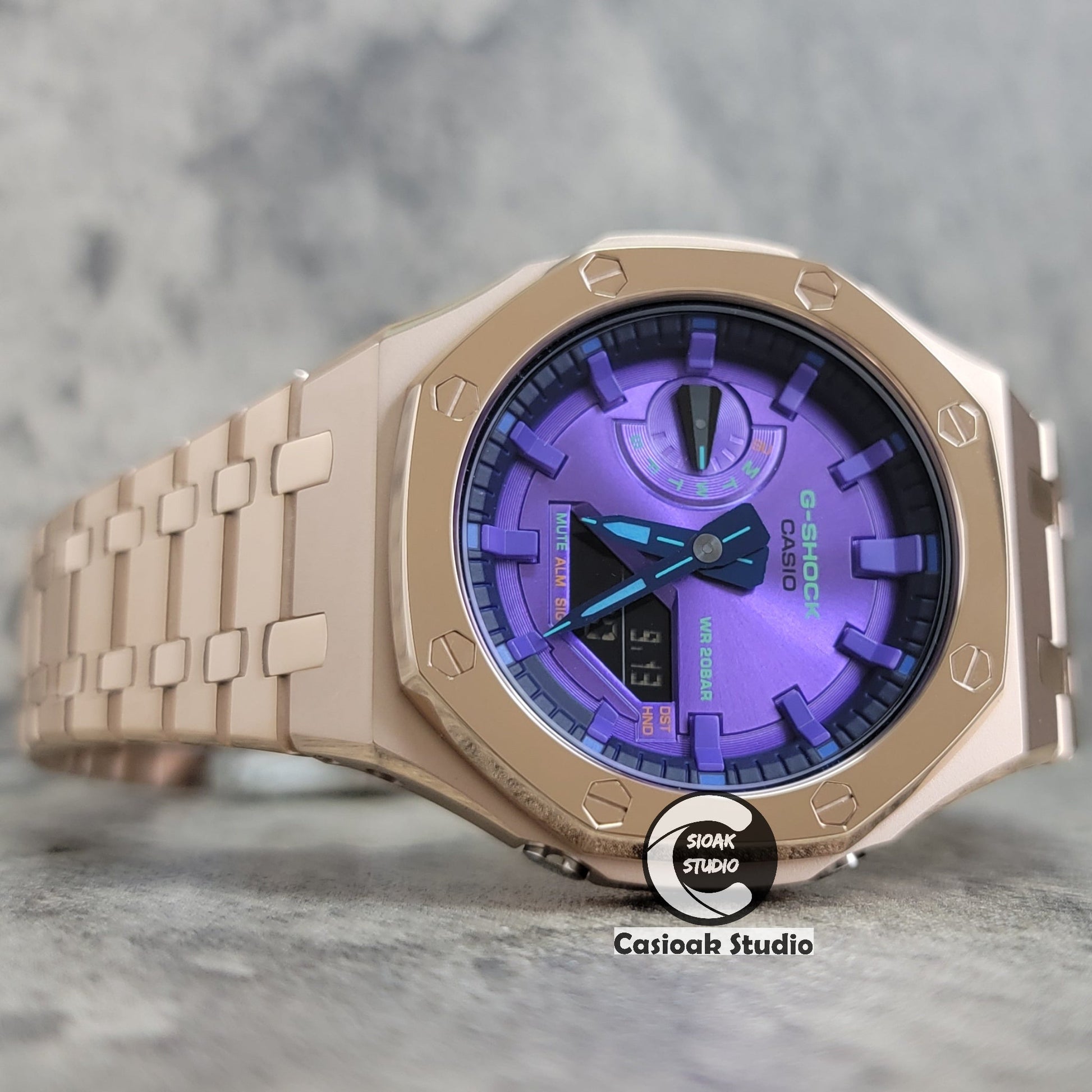 Casioak Mod Watch Polished Rose Gold Case Metal Strap Purple Time Mark Purple Dial 44mm- Casioak Mod Casio G-Shock Royal Oak Custom Mens Luxury Watches Ga2100