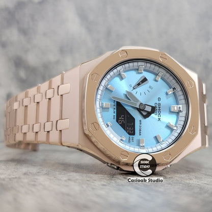 Casioak Mod Watch Polished Rose Gold Case Metal Strap Silver Time Mark Ice Blue Dial 44mm- Casioak Mod Casio G-Shock Royal Oak Custom Mens Luxury Watches Ga2100