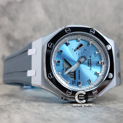 Casioak Mod Watch Polished Silver Case Black Strap Silver Time Mark Blue Dial 44mm- Casioak Mod Casio G-Shock Royal Oak Custom Mens Luxury Watches Ga2100