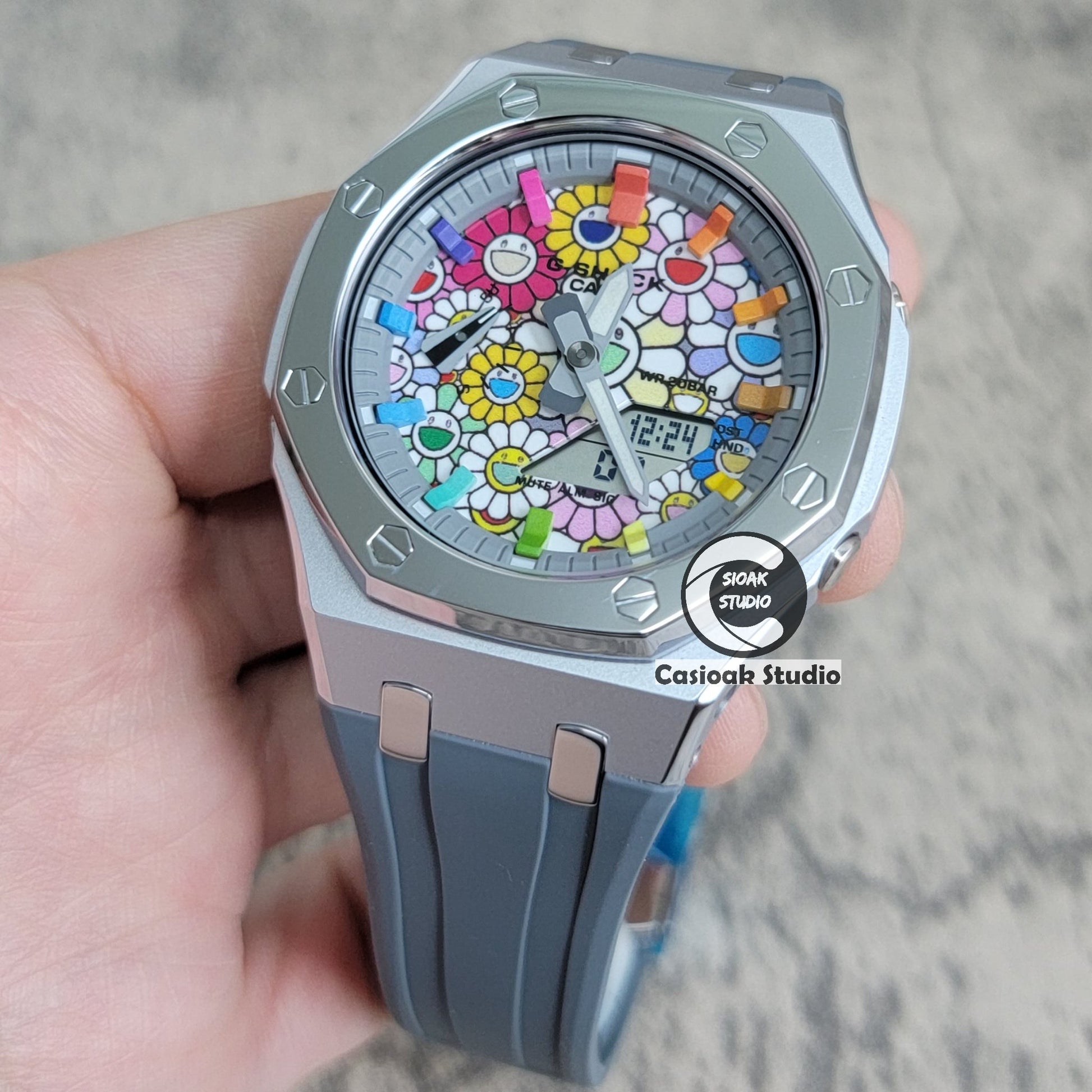 Casioak Mod Watch Polished Silver Case Grey Strap Gray Rainbow Time Mark TAKASHI MURAKAM Dial 44mm- Casioak Mod Casio G-Shock Royal Oak Custom Mens Luxury Watches Ga2100