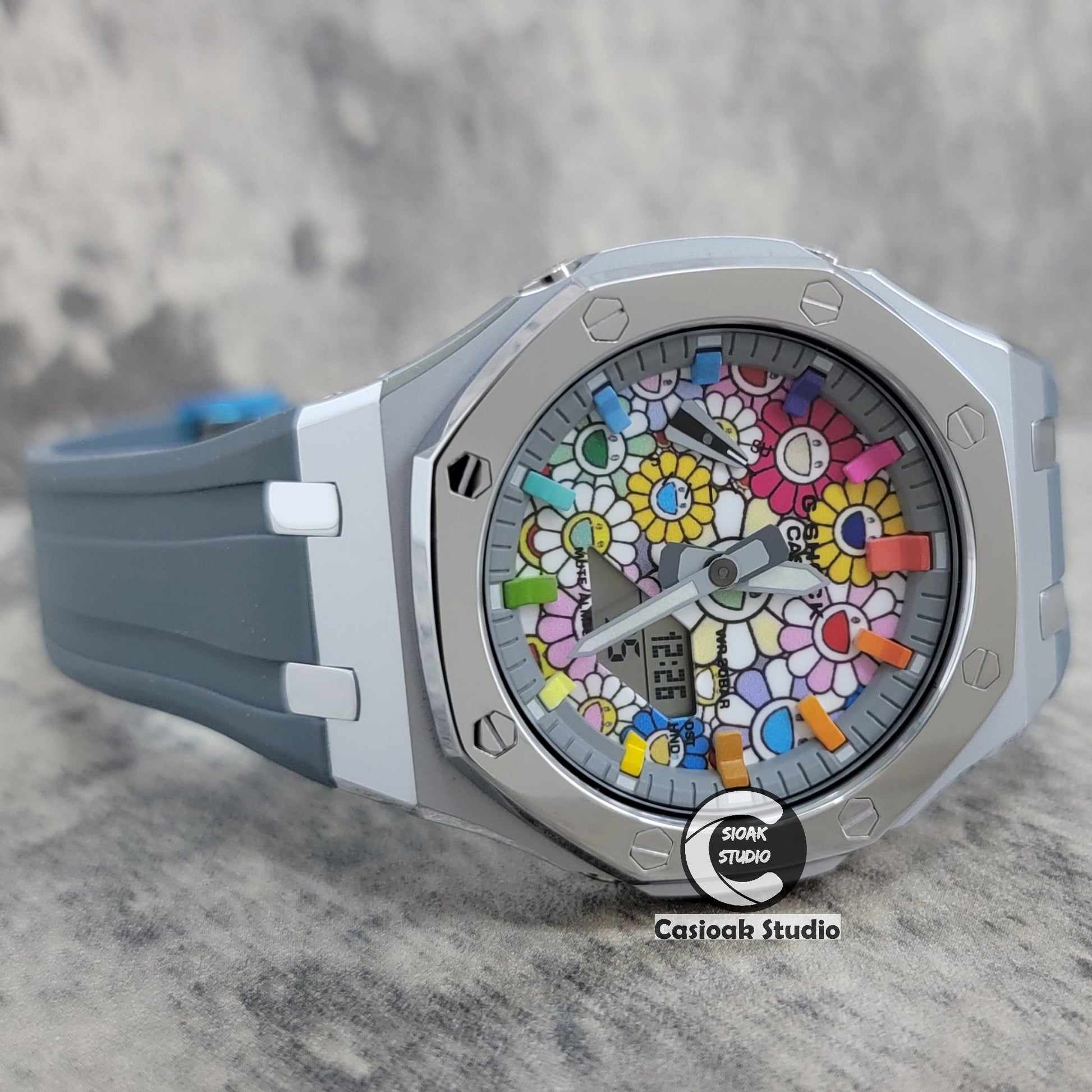 Casioak Mod Watch Polished Silver Case Grey Strap Gray Rainbow Time Mark TAKASHI MURAKAM Dial 44mm- Casioak Mod Casio G-Shock Royal Oak Custom Mens Luxury Watches Ga2100