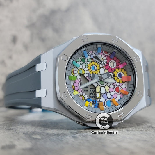 Casioak Mod Watch Polished Silver Case Grey Strap Gray Rainbow Time Mark TAKASHI MURAKAM Dial 44mm- Casioak Mod Casio G-Shock Royal Oak Custom Mens Luxury Watches Ga2100