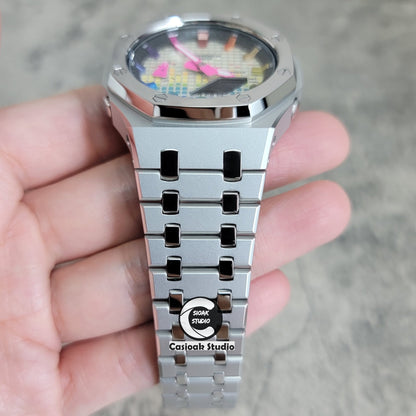 Casioak Mod Watch Polished Silver Case Metal Strap Black Rainbow Time Mark Music Dial 44mm- Casioak Mod Casio G-Shock Royal Oak Custom Mens Luxury Watches Ga2100