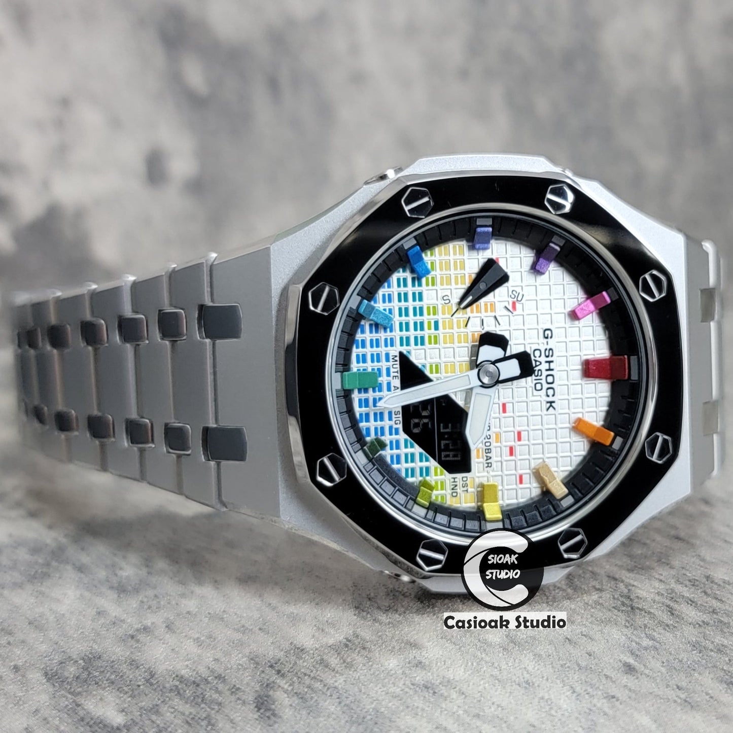 Casioak Mod Watch Polished Silver Case Metal Strap Black Rainbow Time Mark Music Dial 44mm- Casioak Mod Casio G-Shock Royal Oak Custom Mens Luxury Watches Ga2100