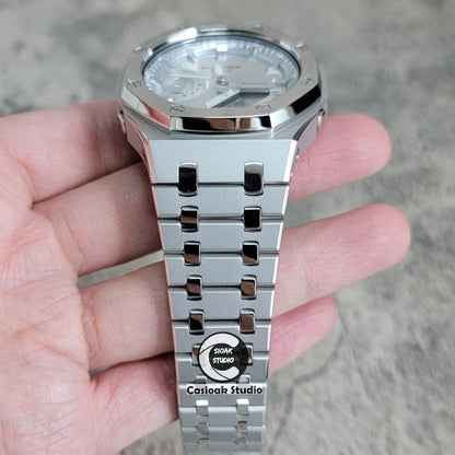 Casioak Mod Watch Polished Silver Case Metal Strap Silver Time Mark Silver Dial 44mm- Casioak Mod Casio G-Shock Royal Oak Custom Mens Luxury Watches Ga2100