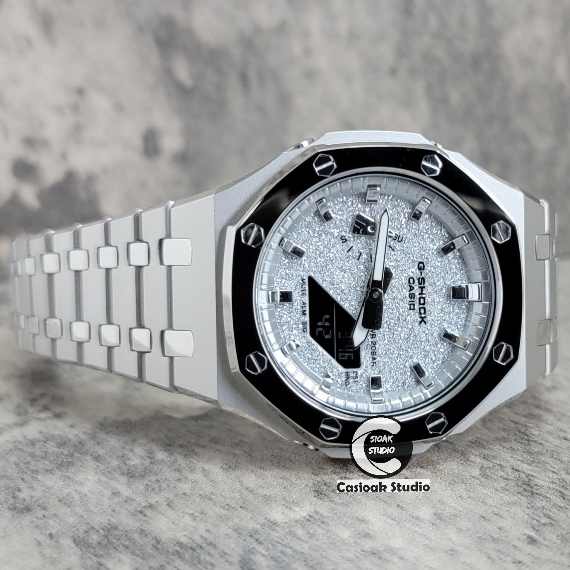 Casioak Mod Watch Polished Silver Case Metal Strap Silver Time Mark Starry Silver Dial 44mm- Casioak Mod Casio G-Shock Royal Oak Custom Mens Luxury Watches Ga2100