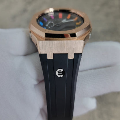 Casioak Mod Watch Rose Gold Case Black Rubber Strap Black Rainbow Time Mark Black Dial 44mm- Casioak Mod Casio G-Shock Royal Oak Custom Mens Luxury Watches Ga2100