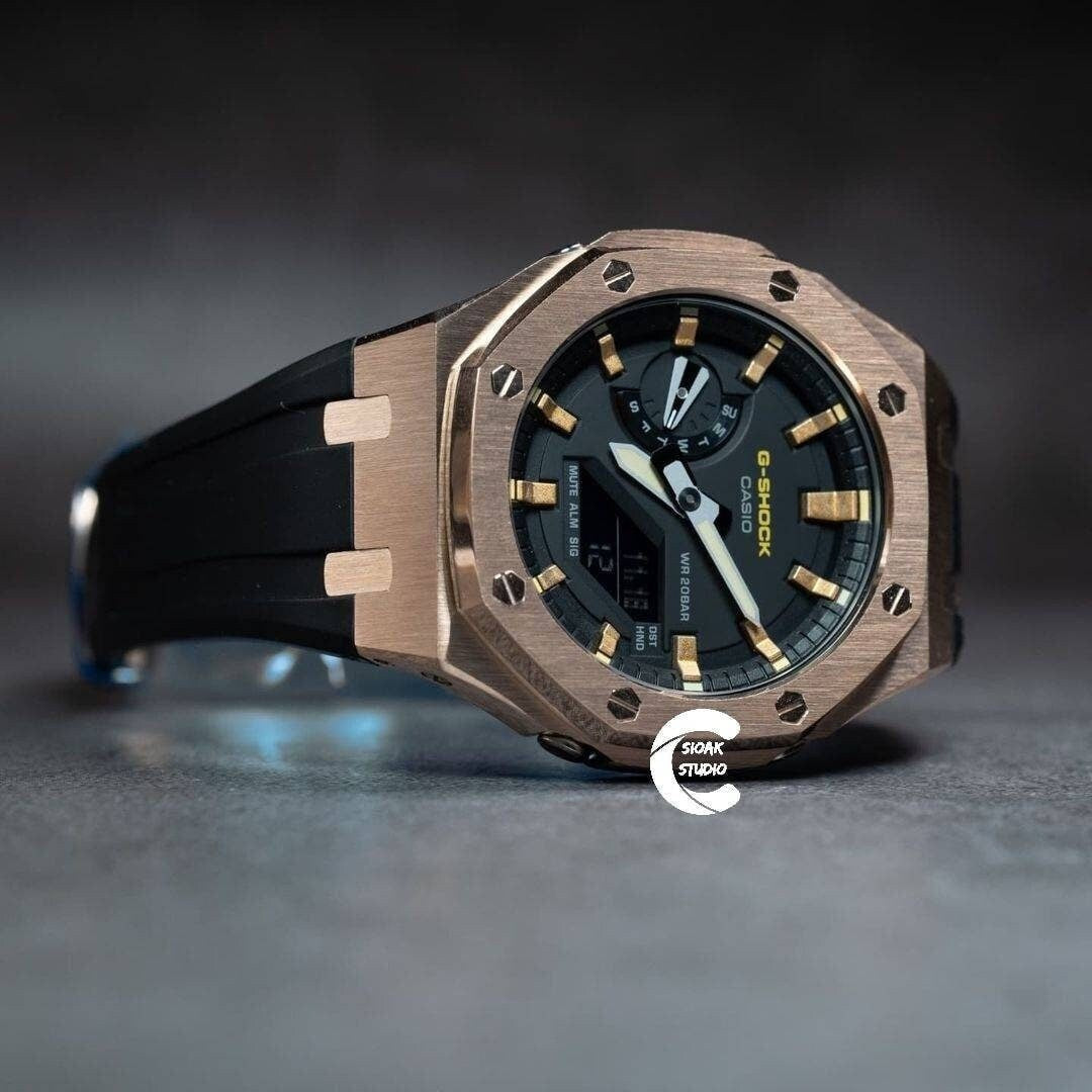 Casioak Mod Watch Rose Gold Case Black Rubber Strap Black Rose Gold Time Mark Black Dial 44mm- Casioak Mod Casio G-Shock Royal Oak Custom Mens Luxury Watches Ga2100