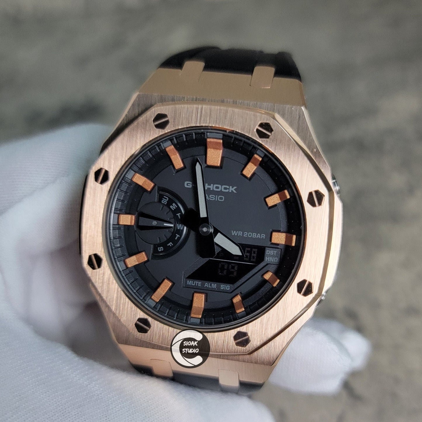 Casioak Mod Watch Rose Gold Case Black Rubber Strap Black Rose Gold Time Mark Black Dial 44mm- Casioak Mod Casio G-Shock Royal Oak Custom Mens Luxury Watches Ga2100