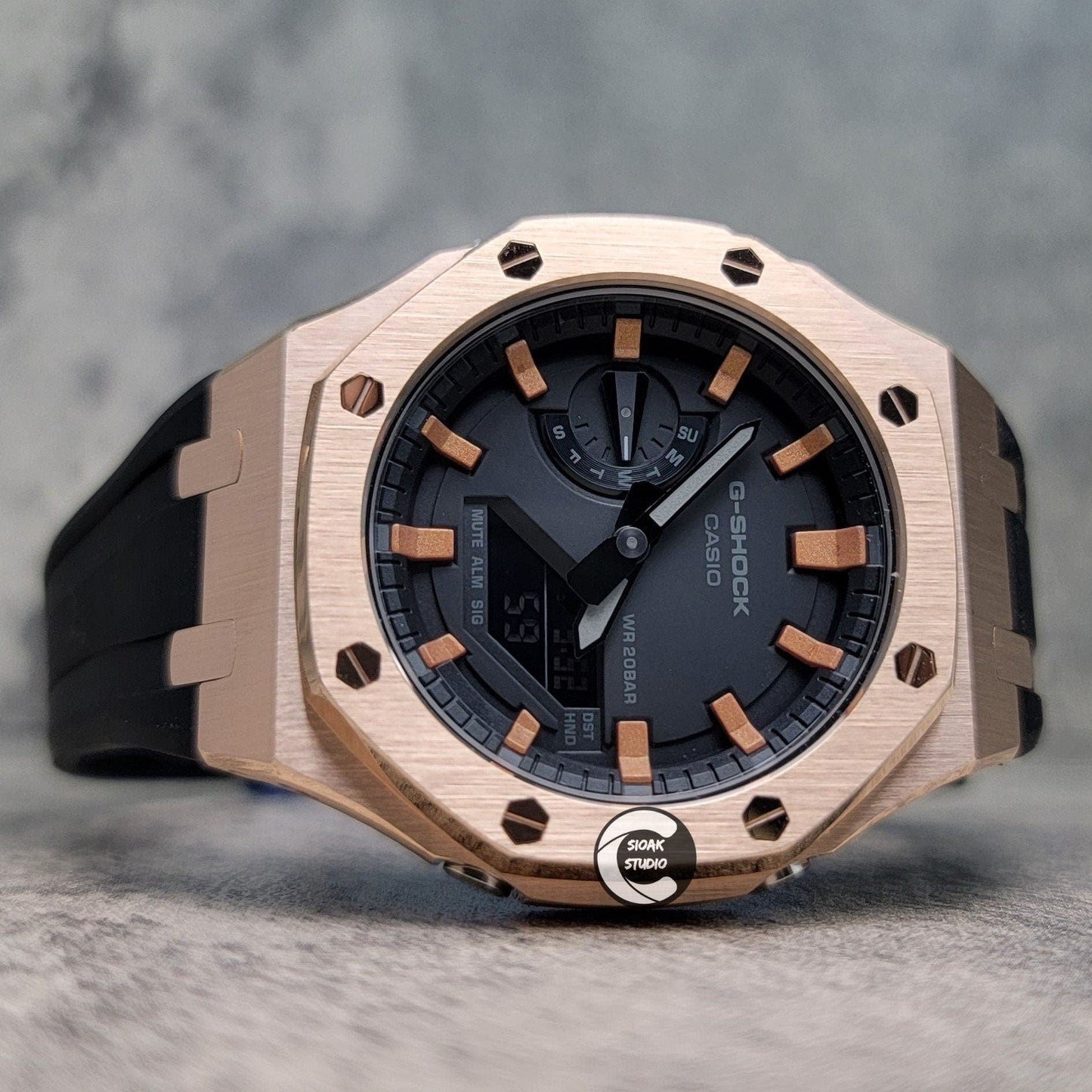 Casioak Mod Watch Rose Gold Case Black Rubber Strap Black Rose Gold Time Mark Black Dial 44mm- Casioak Mod Casio G-Shock Royal Oak Custom Mens Luxury Watches Ga2100