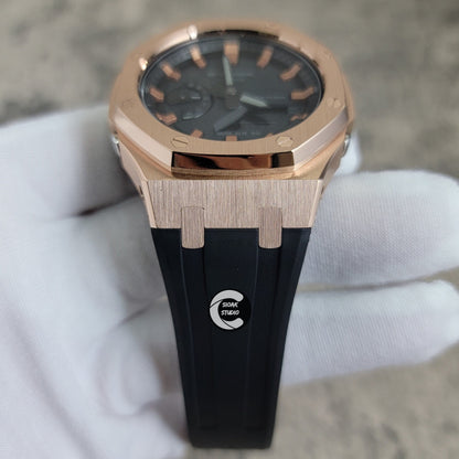 Casioak Mod Watch Rose Gold Case Black Rubber Strap Black Rose Gold Time Mark Black Dial 44mm- Casioak Mod Casio G-Shock Royal Oak Custom Mens Luxury Watches Ga2100