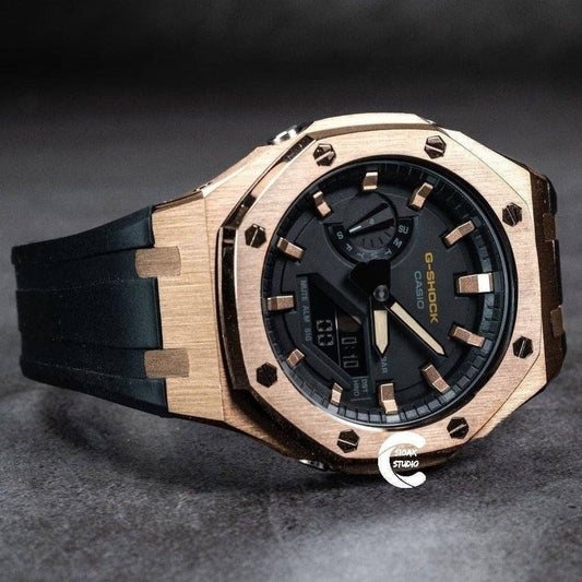 Casioak Mod Watch Rose Gold Case Black Rubber Strap Black Rose Gold Time Mark Black Dial 44mm- Casioak Mod Casio G-Shock Royal Oak Custom Mens Luxury Watches Ga2100