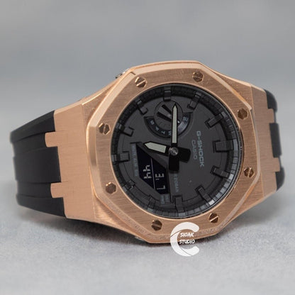 Casioak Mod Watch Rose Gold Case Black Rubber Strap Black Time Mark Black Dial 44mm- Casioak Mod Casio G-Shock Royal Oak Custom Mens Luxury Watches Ga2100