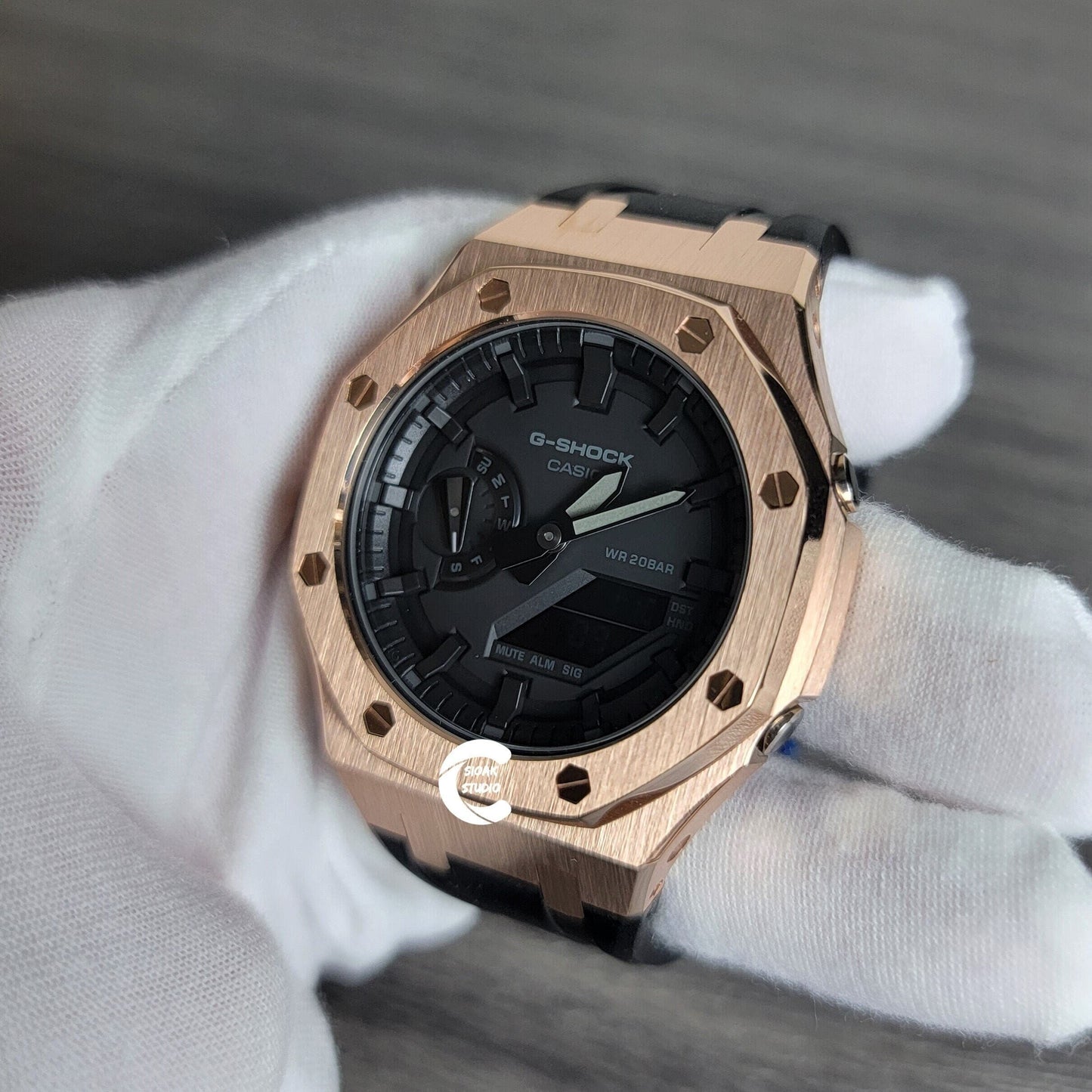 Casioak Mod Watch Rose Gold Case Black Rubber Strap Black Time Mark Black Dial 44mm- Casioak Mod Casio G-Shock Royal Oak Custom Mens Luxury Watches Ga2100