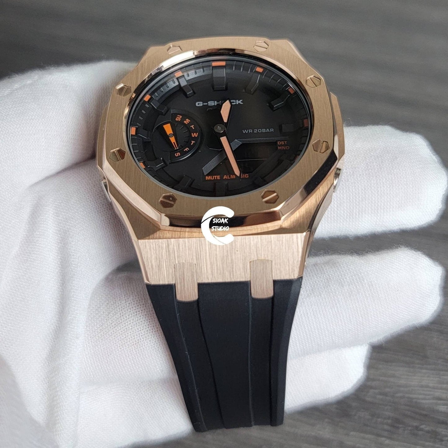 Casioak Mod Watch Rose Gold Case Black Rubber Strap Black Time Mark Black Dial 44mm- Casioak Mod Casio G-Shock Royal Oak Custom Mens Luxury Watches Ga2100