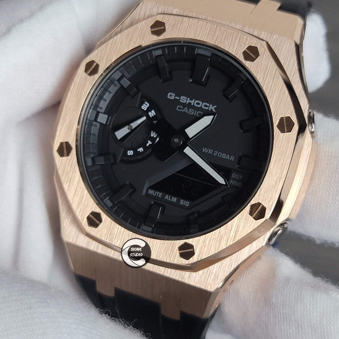 Casioak Mod Watch Rose Gold Case Black Rubber Strap Black Time Mark Black Dial 44mm- Casioak Mod Casio G-Shock Royal Oak Custom Mens Luxury Watches Ga2100