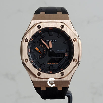 Casioak Mod Watch Rose Gold Case Black Rubber Strap Black Time Mark Black Dial 44mm- Casioak Mod Casio G-Shock Royal Oak Custom Mens Luxury Watches Ga2100