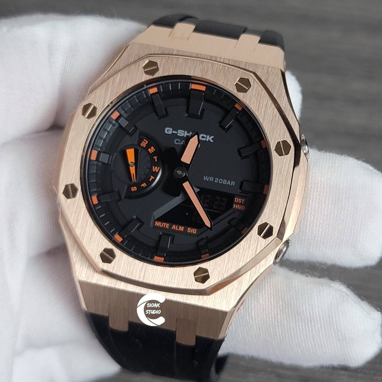 Casioak Mod Watch Rose Gold Case Black Rubber Strap Black Time Mark Black Dial 44mm- Casioak Mod Casio G-Shock Royal Oak Custom Mens Luxury Watches Ga2100