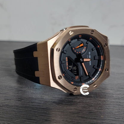 Casioak Mod Watch Rose Gold Case Black Rubber Strap Black Time Mark Black Dial 44mm- Casioak Mod Casio G-Shock Royal Oak Custom Mens Luxury Watches Ga2100