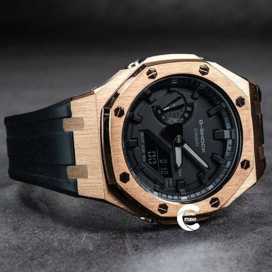 Casioak Mod Watch Rose Gold Case Black Rubber Strap Black Time Mark Black Dial 44mm- Casioak Mod Casio G-Shock Royal Oak Custom Mens Luxury Watches Ga2100