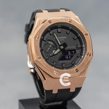 Casioak Mod Watch Rose Gold Case Black Rubber Strap Black Time Mark Black Dial 44mm- Casioak Mod Casio G-Shock Royal Oak Custom Mens Luxury Watches Ga2100