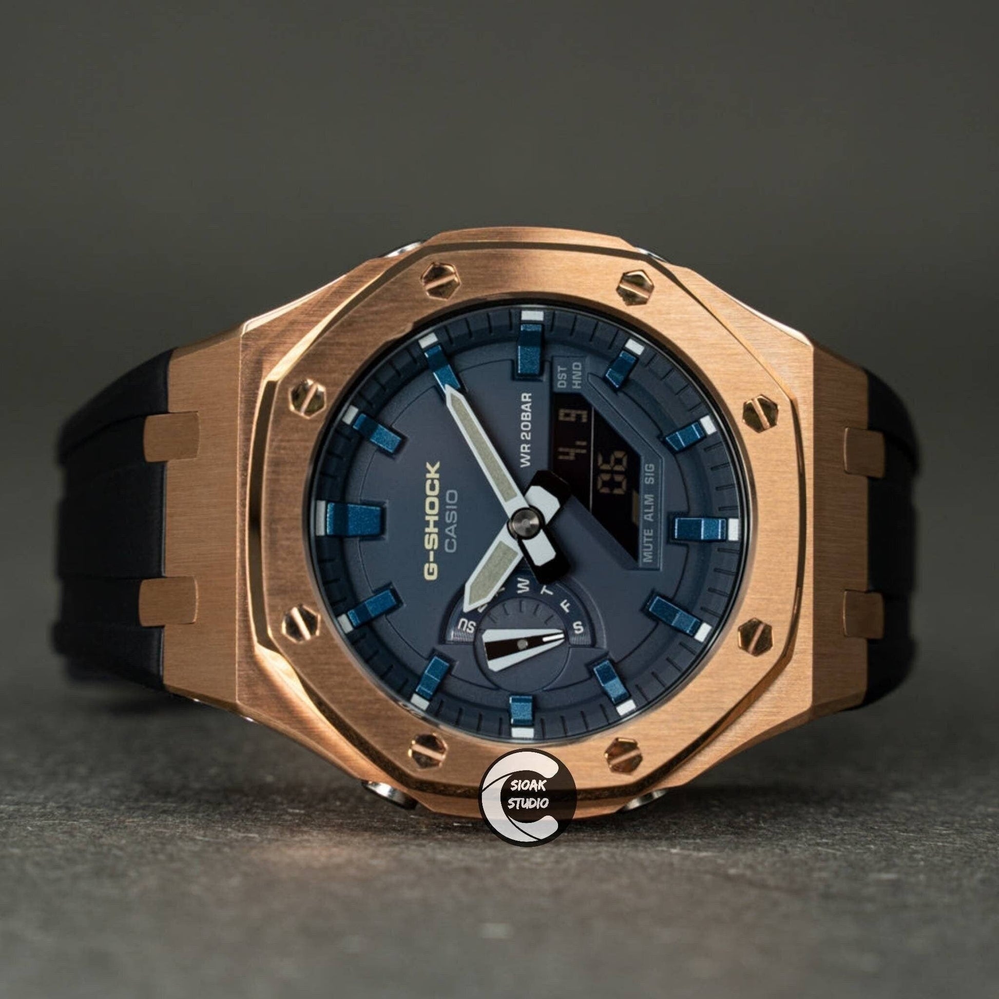 Casioak Mod Watch Rose Gold Case Black Rubber Strap Blue Blue Time Mark Blue Dial 44mm- Casioak Mod Casio G-Shock Royal Oak Custom Mens Luxury Watches Ga2100