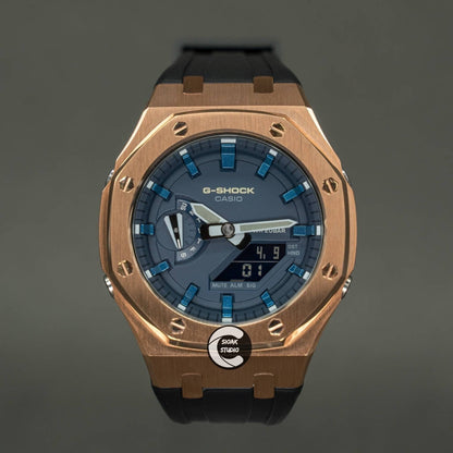 Casioak Mod Watch Rose Gold Case Black Rubber Strap Blue Blue Time Mark Blue Dial 44mm- Casioak Mod Casio G-Shock Royal Oak Custom Mens Luxury Watches Ga2100