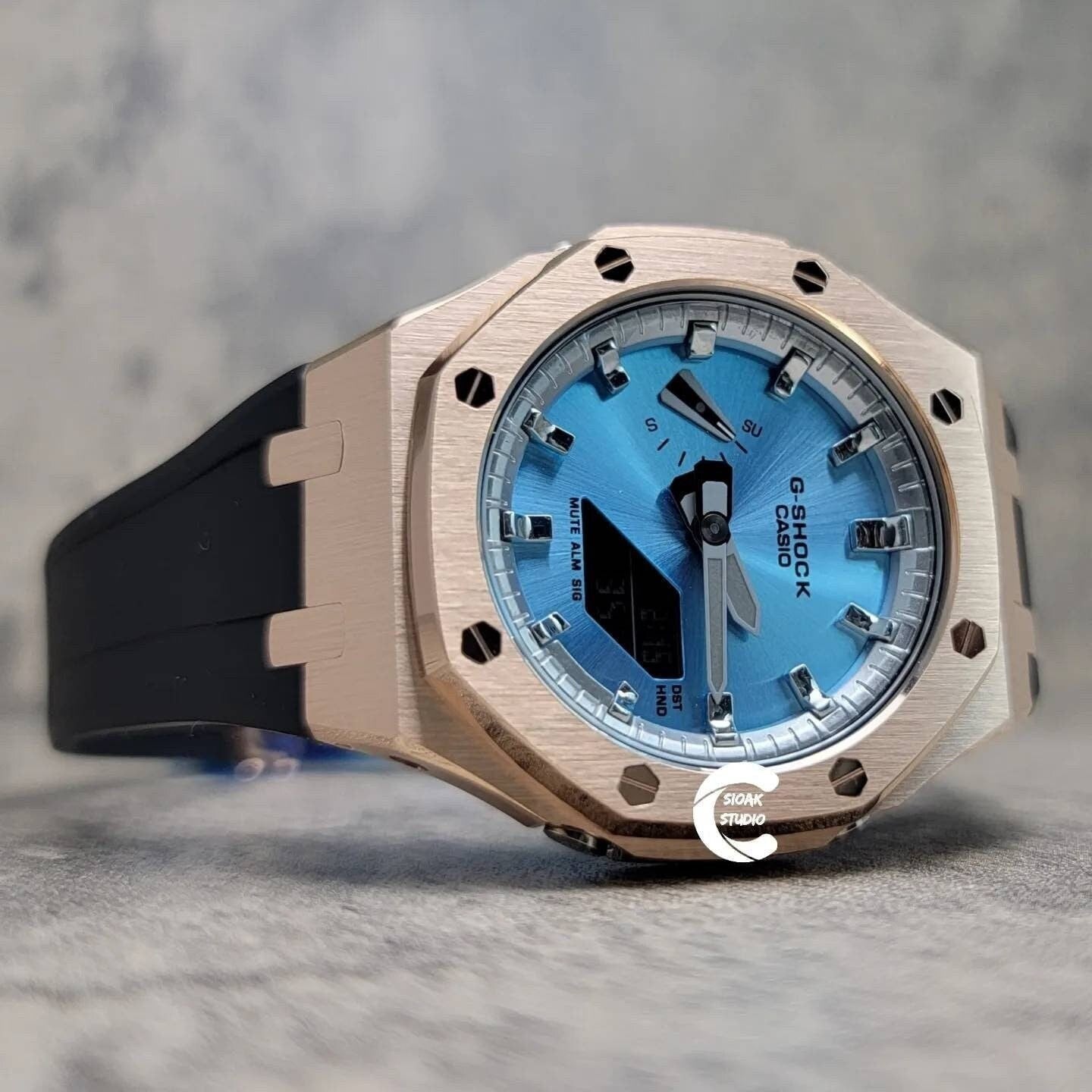 Casioak Mod Watch Rose Gold Case Black Rubber Strap Silver Time Mark Ice Blue Dial 44mm Gray- Casioak Mod Casio G-Shock Royal Oak Custom Mens Luxury Watches Ga2100