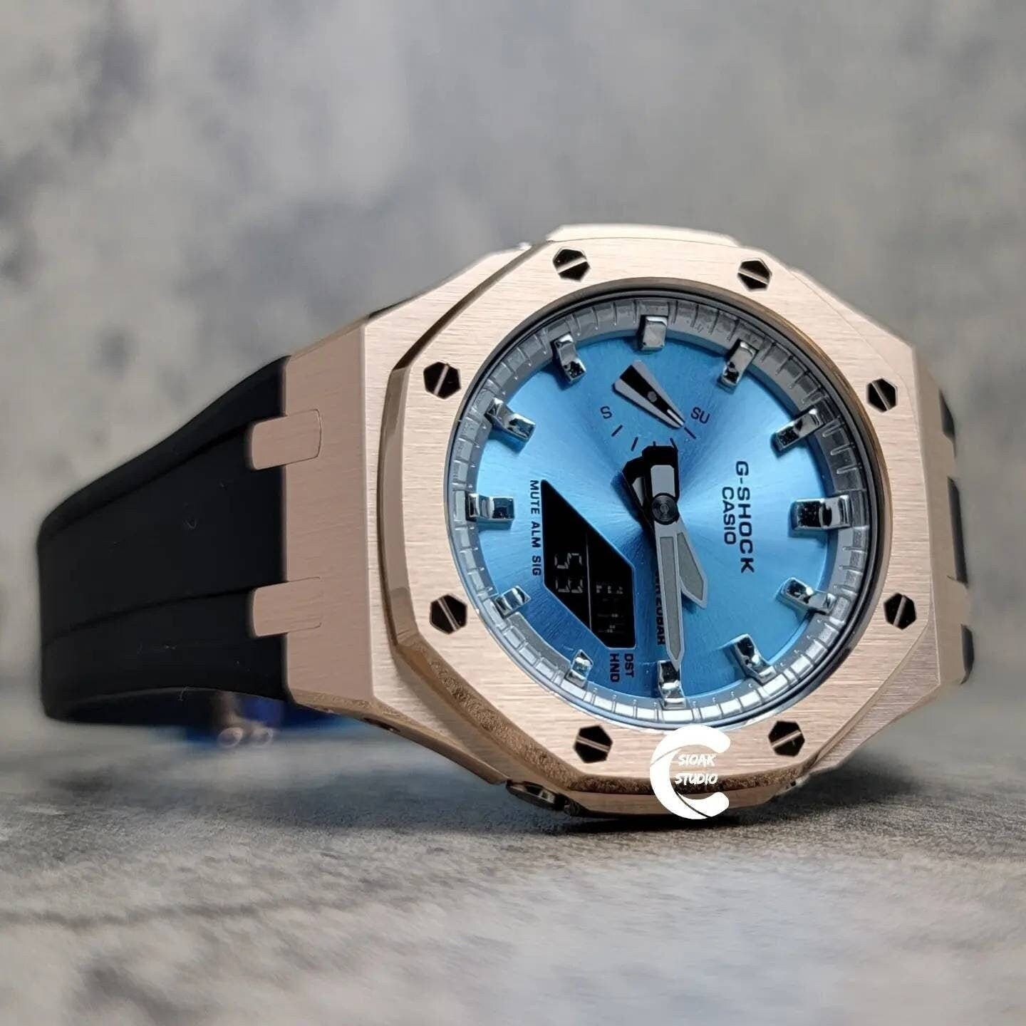 Casioak Mod Watch Rose Gold Case Black Rubber Strap Silver Time Mark Ice Blue Dial 44mm Gray- Casioak Mod Casio G-Shock Royal Oak Custom Mens Luxury Watches Ga2100