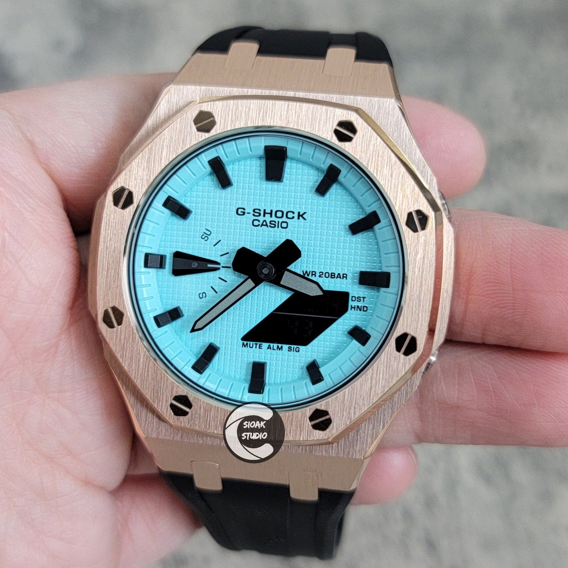 Casioak Mod Watch Rose Gold Case Black Rubber Strap Tiff Blue Time Mark Tiff Blue Dial 44mm- Casioak Mod Casio G-Shock Royal Oak Custom Mens Luxury Watches Ga2100