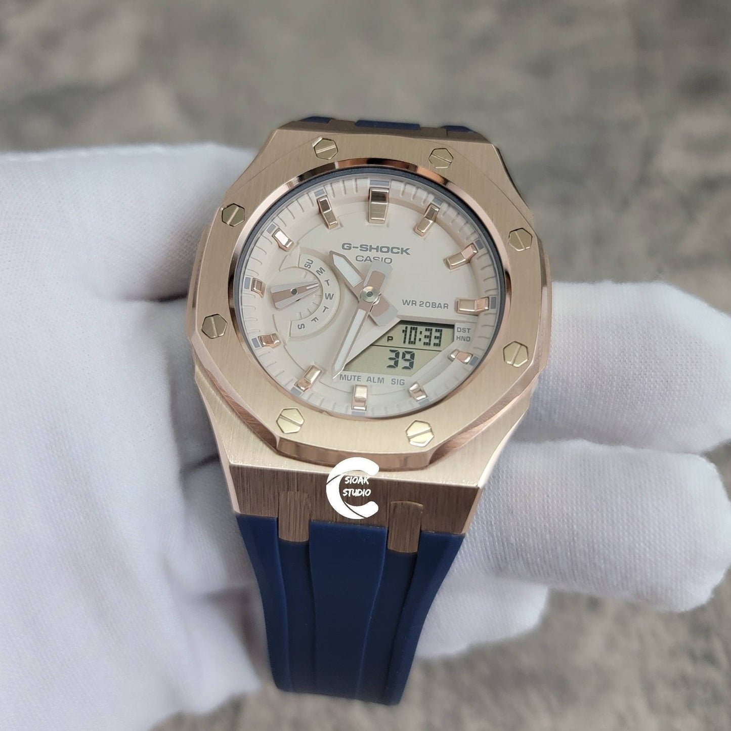 Casioak Mod Watch Rose Gold Case Blue Rubber Strap Beige Rose Gold Time Mark Beige Dial 42mm- Casioak Mod Casio G-Shock Royal Oak Custom Mens Luxury Watches Ga2100