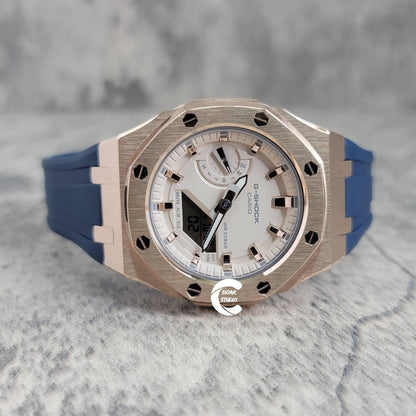 Casioak Mod Watch Rose Gold Case Blue Rubber Strap Beige Rose Gold Time Mark Beige Dial 42mm- Casioak Mod Casio G-Shock Royal Oak Custom Mens Luxury Watches Ga2100