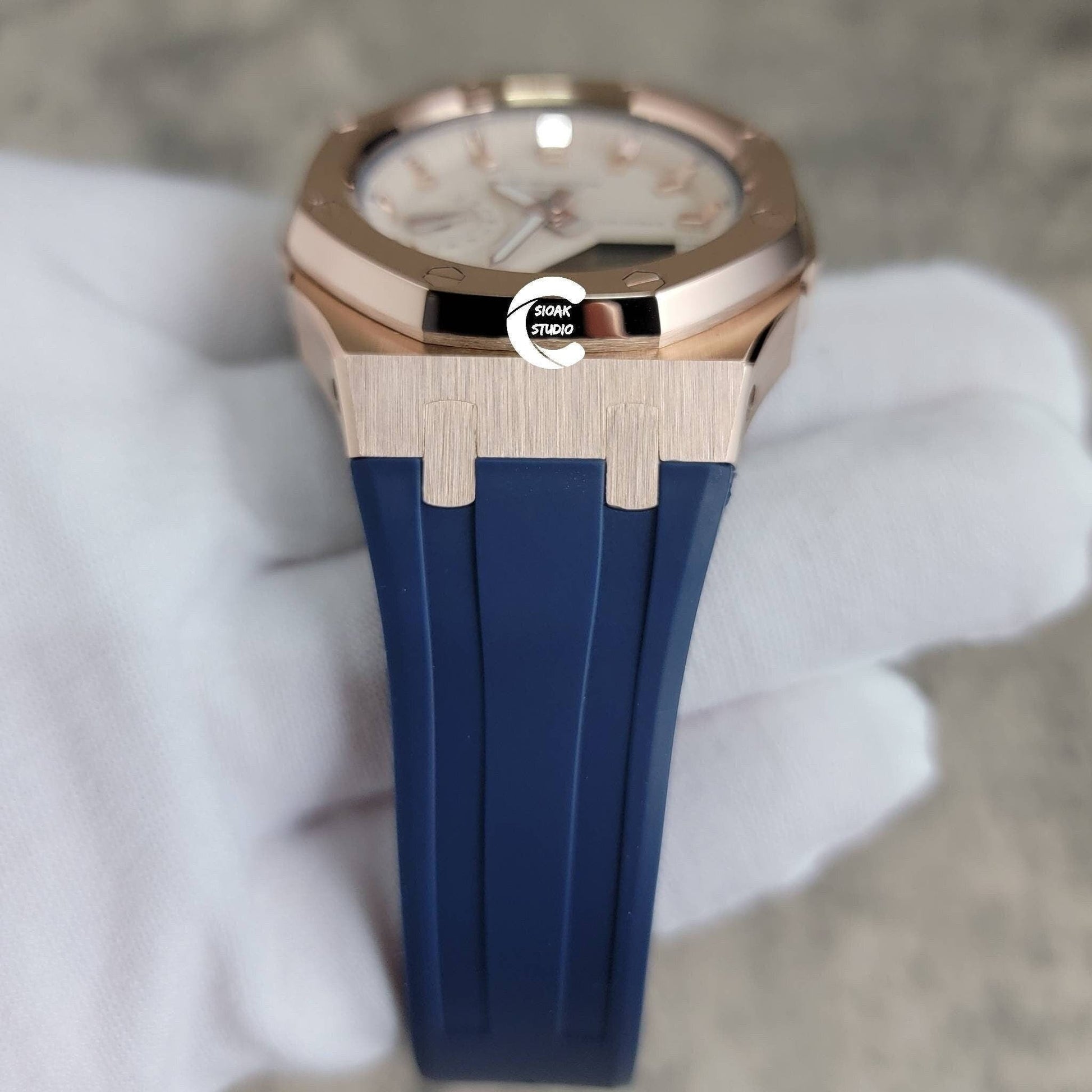 Casioak Mod Watch Rose Gold Case Blue Rubber Strap Beige Rose Gold Time Mark Beige Dial 42mm- Casioak Mod Casio G-Shock Royal Oak Custom Mens Luxury Watches Ga2100