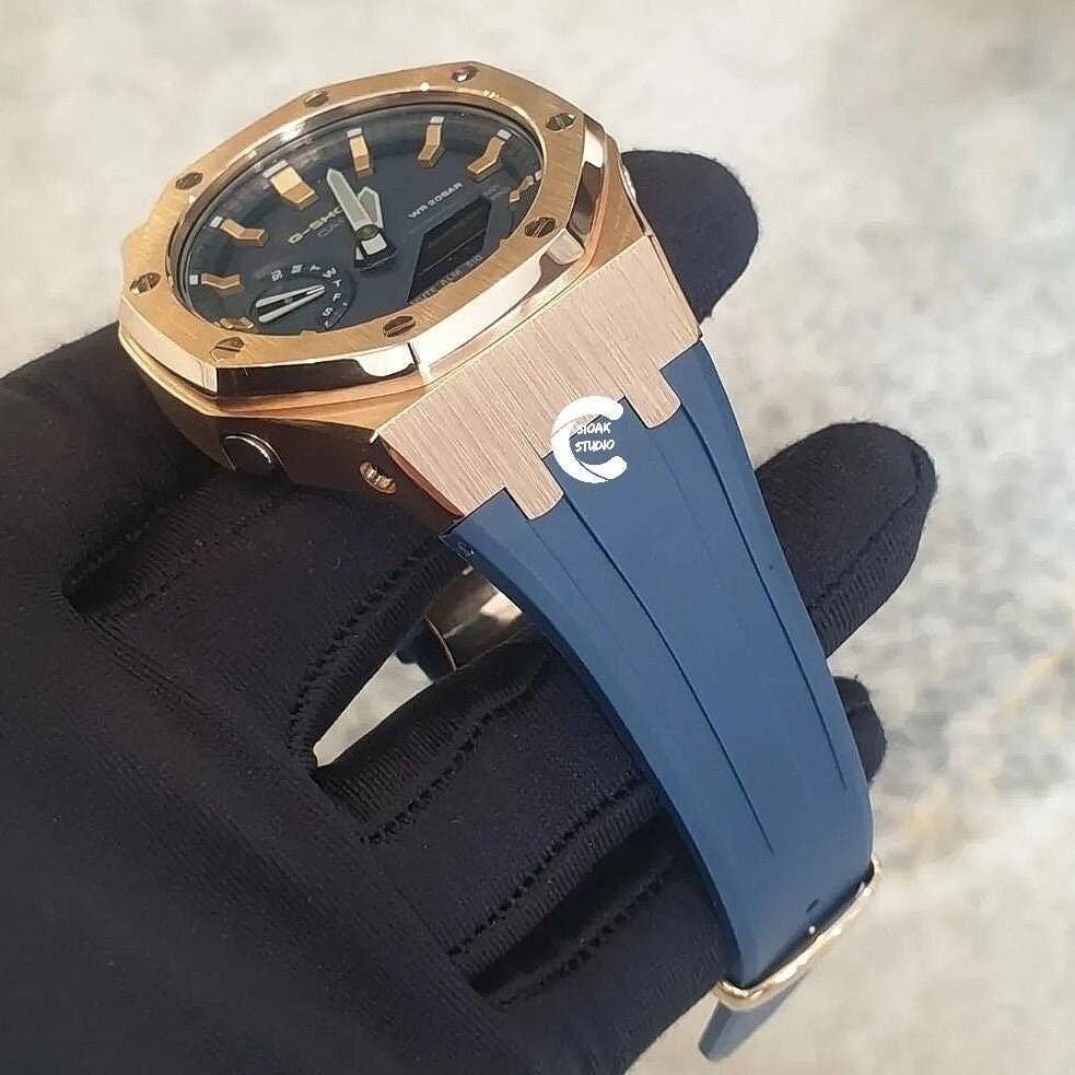 Casioak Mod Watch Rose Gold Case Blue Rubber Strap Blue Rose Gold Time Mark Blue Dial 44mm- Casioak Mod Casio G-Shock Royal Oak Custom Mens Luxury Watches Ga2100