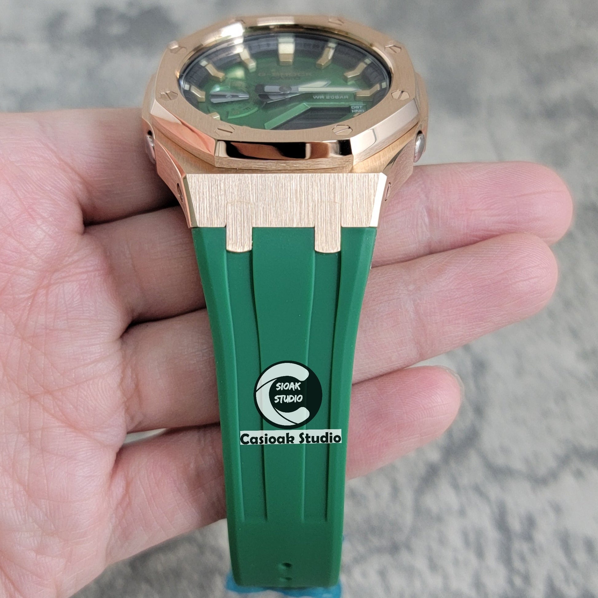 Casioak Mod Watch Rose Gold Case Green Rubber Strap Black Gold Time Mark Green Dial 44mm- Casioak Mod Casio G-Shock Royal Oak Custom Mens Luxury Watches Ga2100